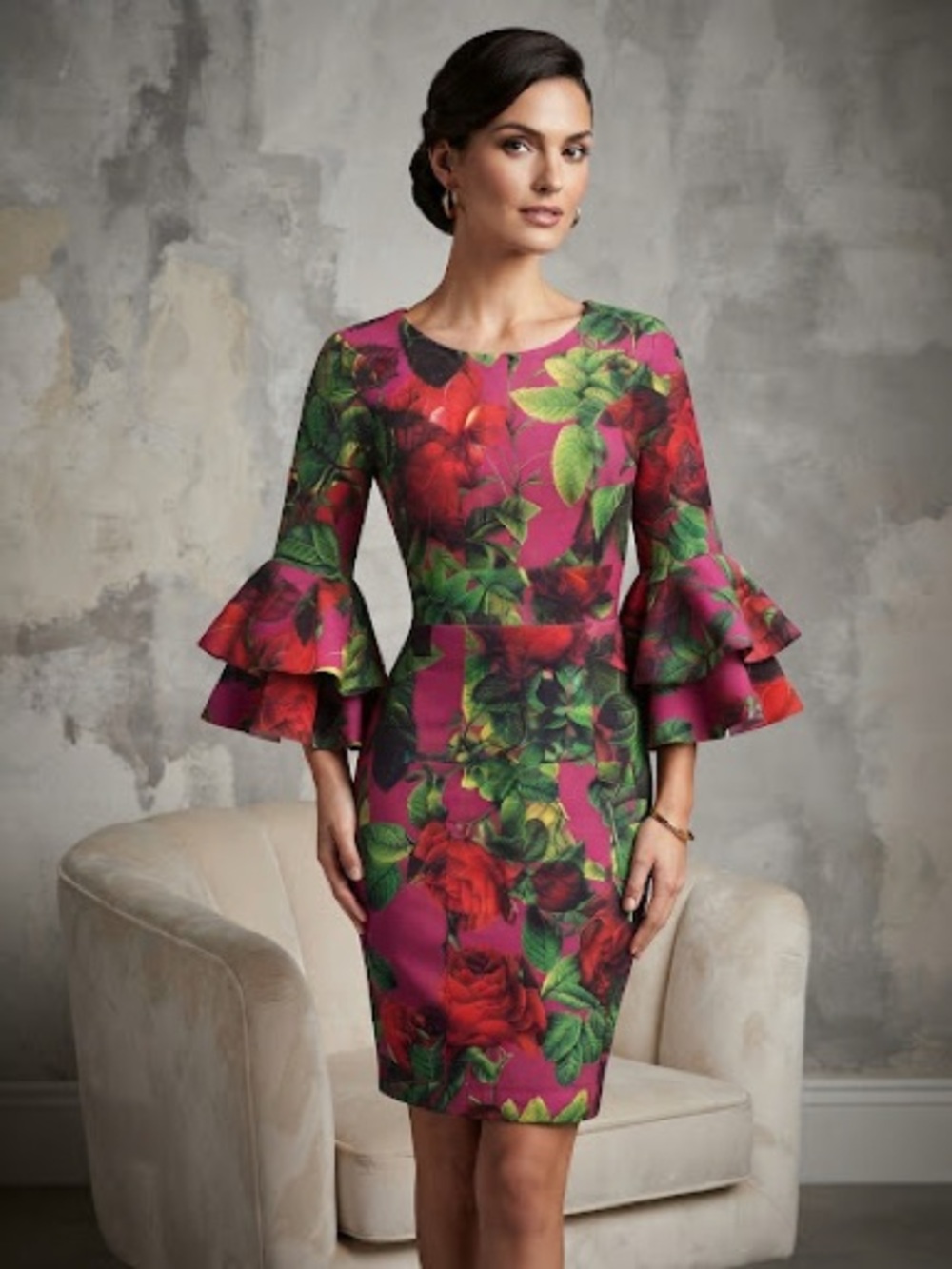 Floral Ruffle-Sleeve Midi Dress in Fuchsia